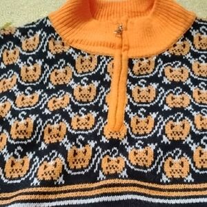 Men's Orange Black Vintage XXL Halloween Pumpkin Jack-O-Lantern Zip Up Sweater